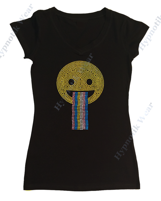 Womens T-shirt with Happy Face with Rainbow in Rhinestuds