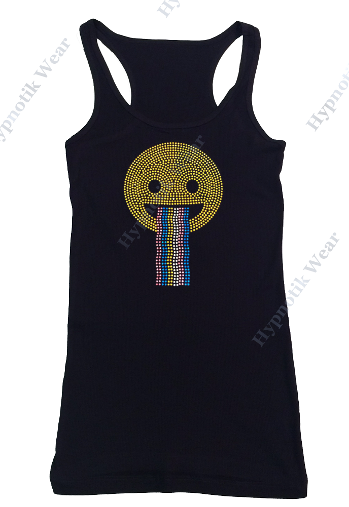 Womens T-shirt with Happy Face with Rainbow in Rhinestuds