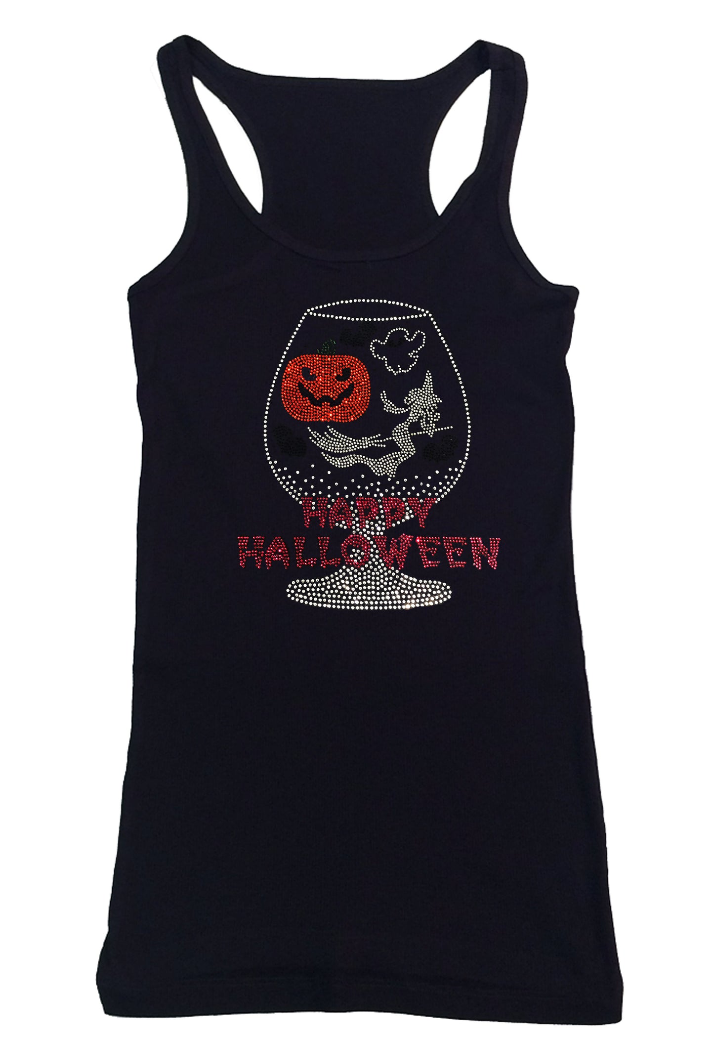 Womens T-shirt with Happy Halloween Cup with Pumpkin , Witch in Rhinestones