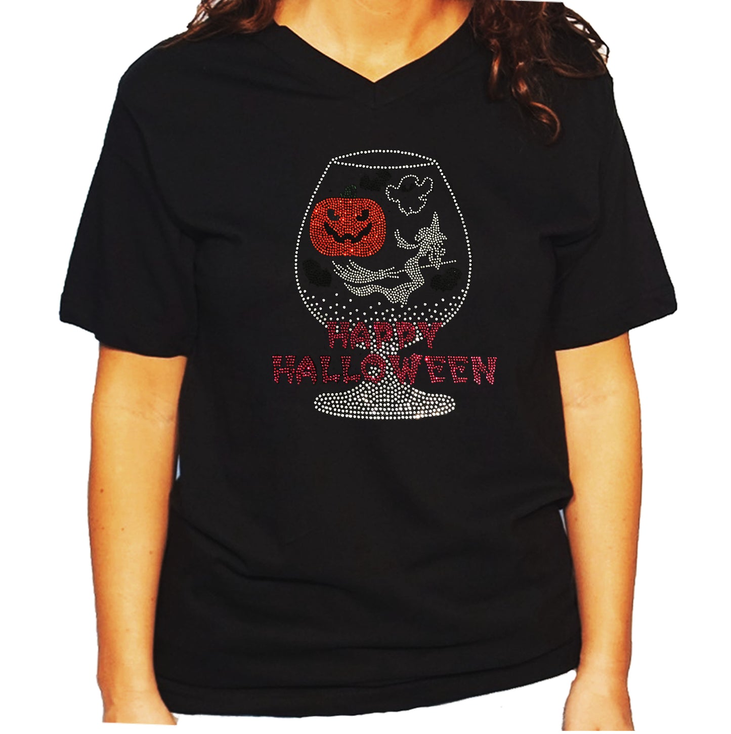 Women's / Unisex T-Shirt with Happy Halloween Cup with Pumpkin , Witch in Rhinestones