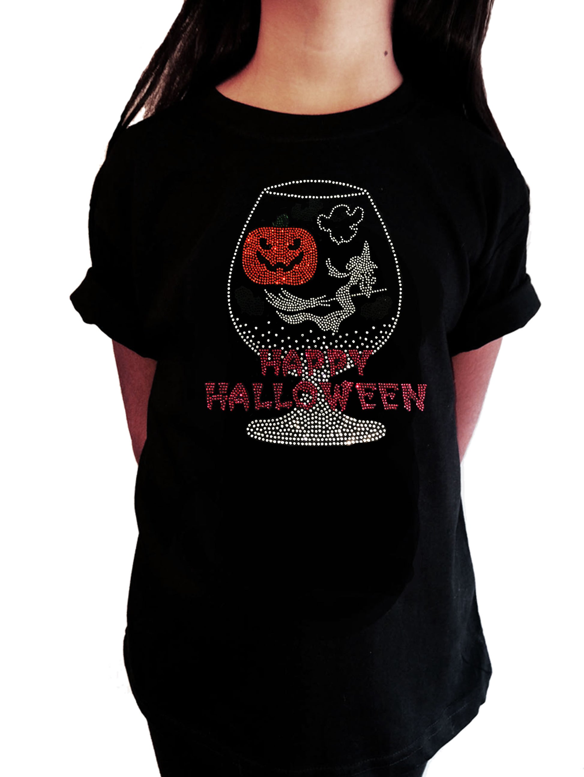 Girls Rhinestone T-Shirt " Happy Halloween Cup with Pumpkin , Witch in Rhinestones in Rhinestones "