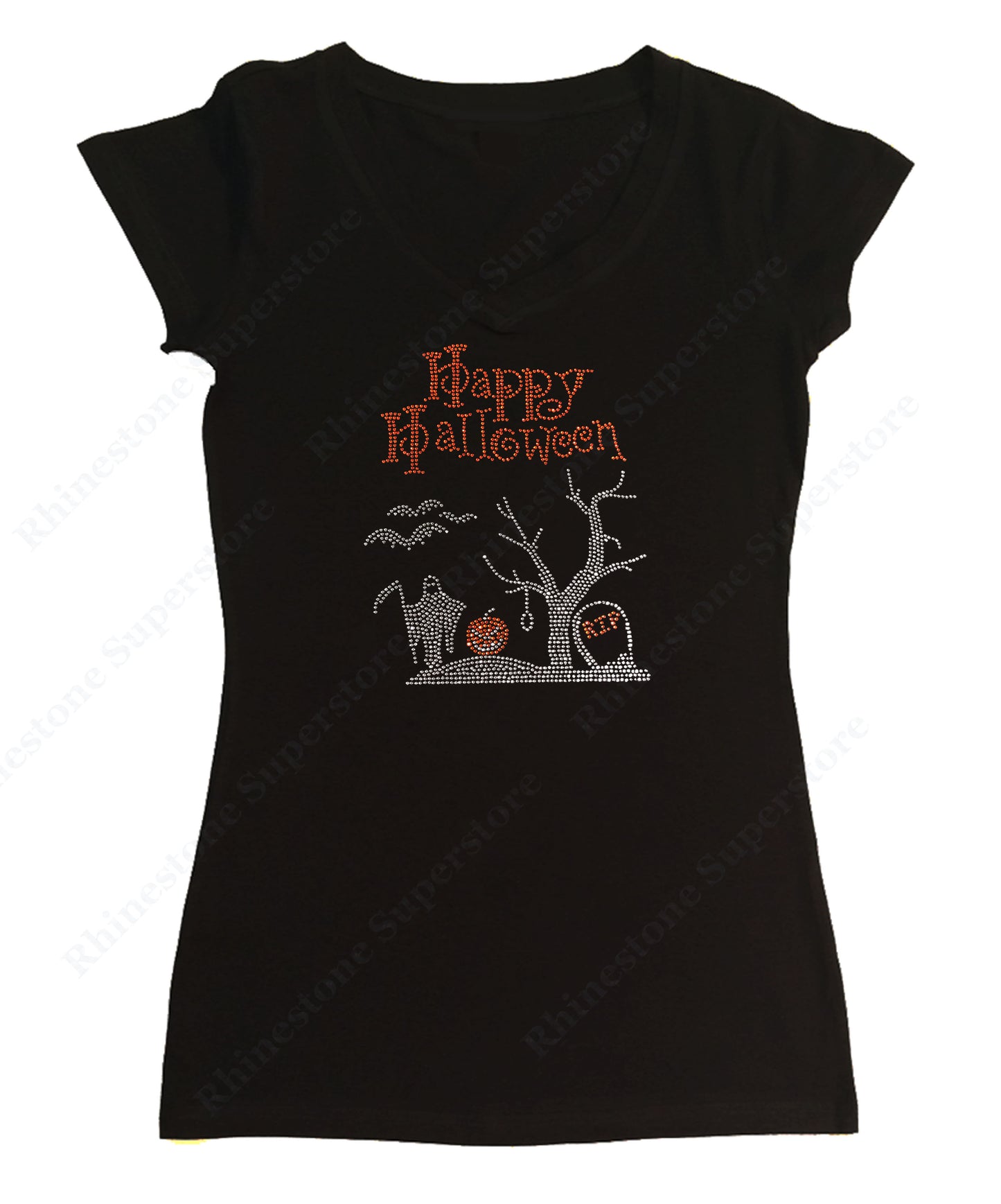 Womens T-shirt with Happy Halloween Graveyard Scene in Rhinestones