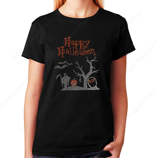 Women's / Unisex T-Shirt with Happy Halloween Graveyard Scene in Rhinestones