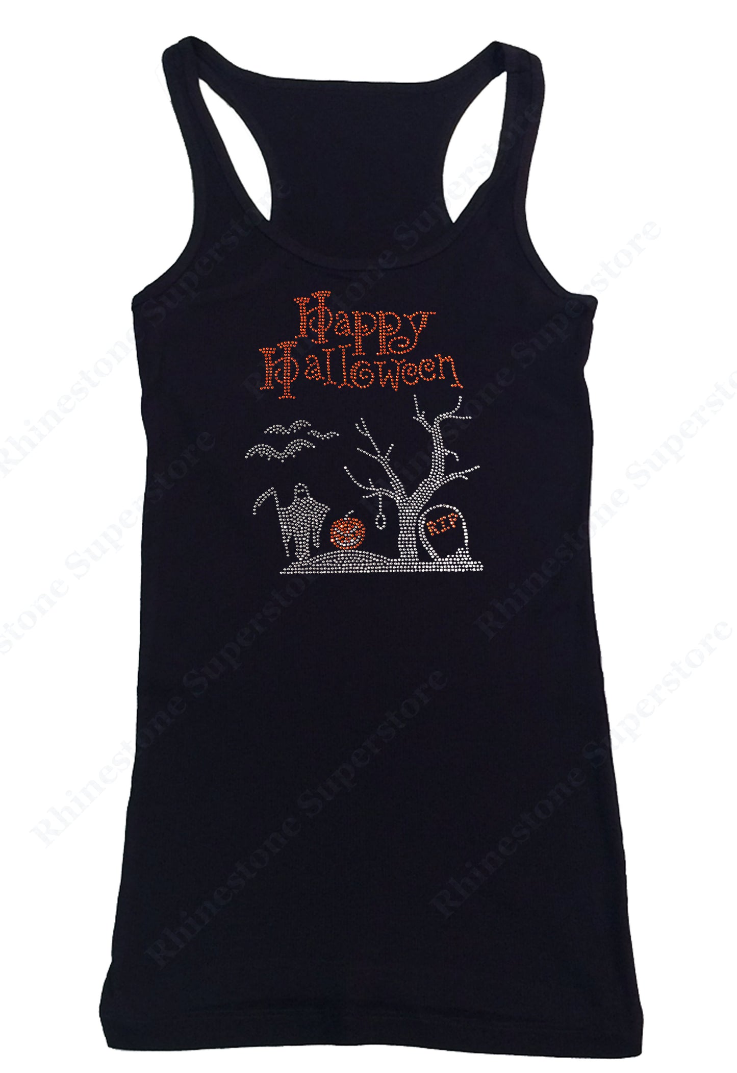 Womens T-shirt with Happy Halloween Graveyard Scene in Rhinestones