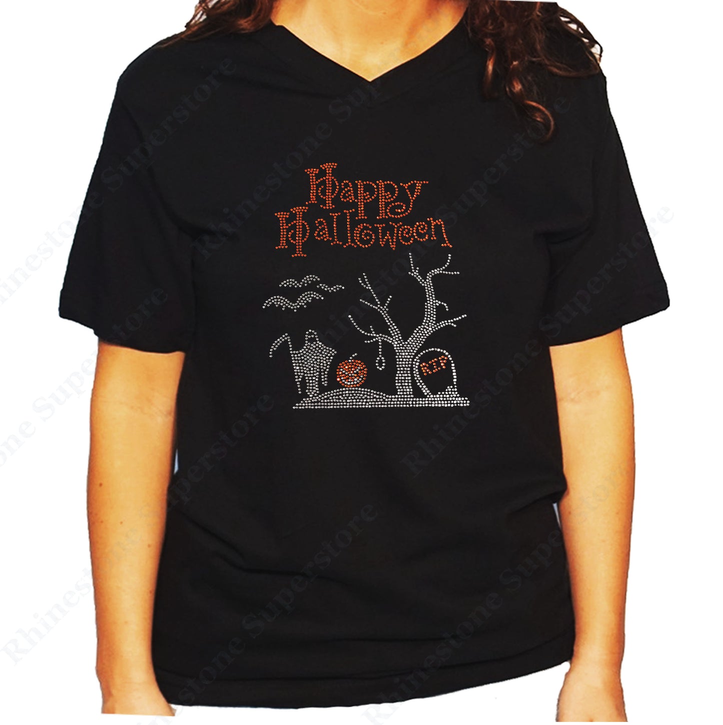 Women's / Unisex T-Shirt with Happy Halloween Graveyard Scene in Rhinestones