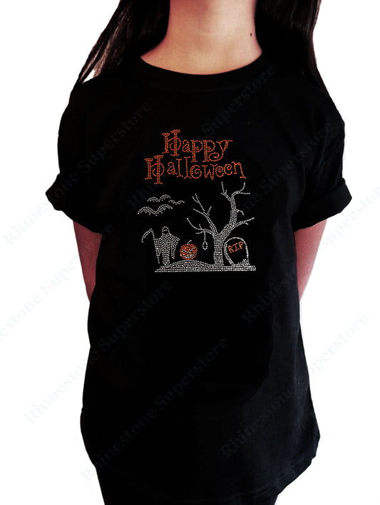 Girls Rhinestone T-Shirt " Happy Halloween Graveyard Scene " Kids Size 3 to 14 Available
