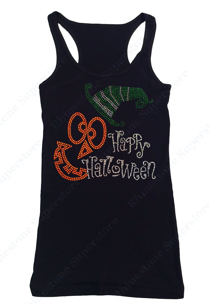 Womens T-shirt with Happy Halloween with Jack O' Lantern Face in Rhinestones