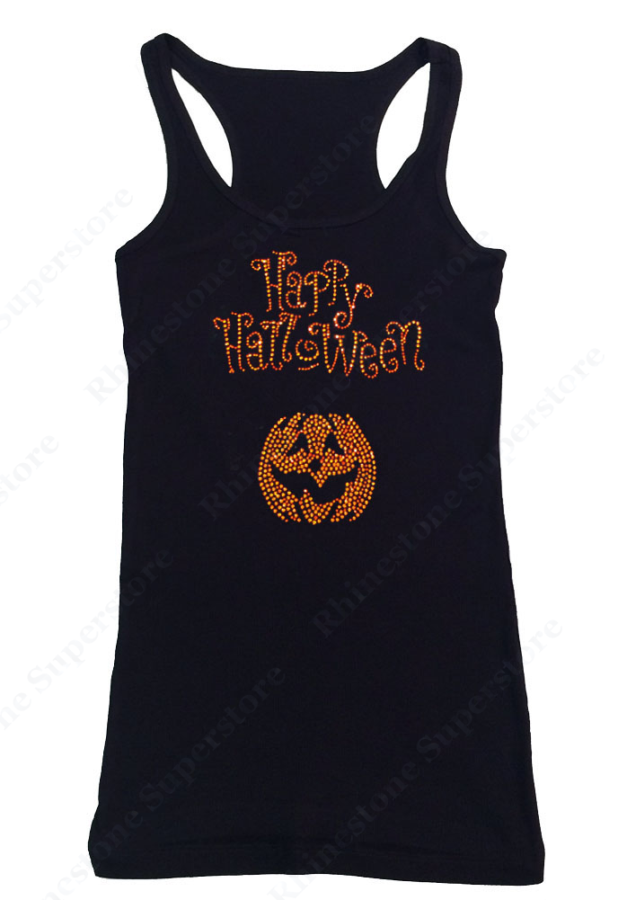 Womens T-shirt with Happy Halloween with Pumpkin in Rhinestones