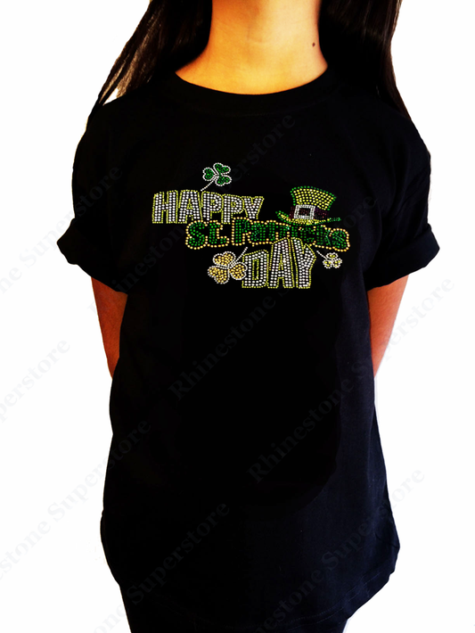 Girls Rhinestone T-Shirt " Happy St Patricks Day " Size 3 to 14 Available