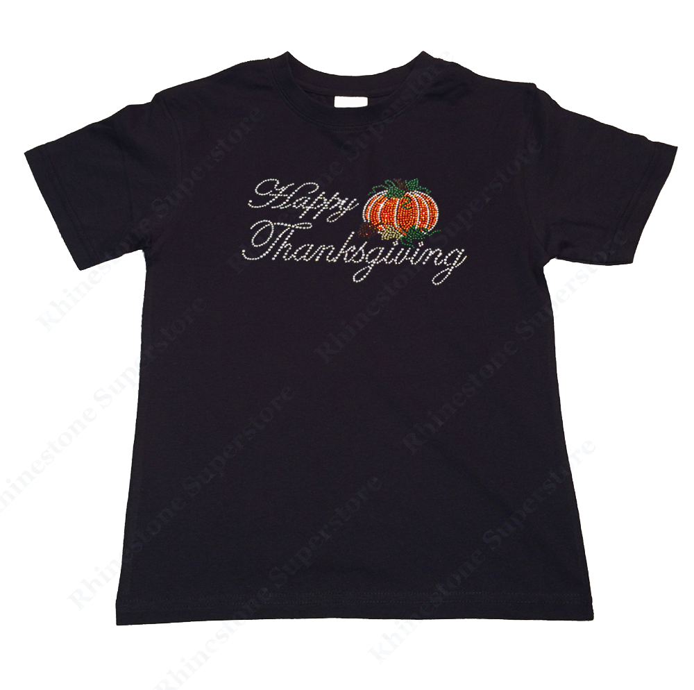Girls Rhinestone T-Shirt " Happy Thanksgiving with Pumpkin " Kids Size 3 to 14 Available