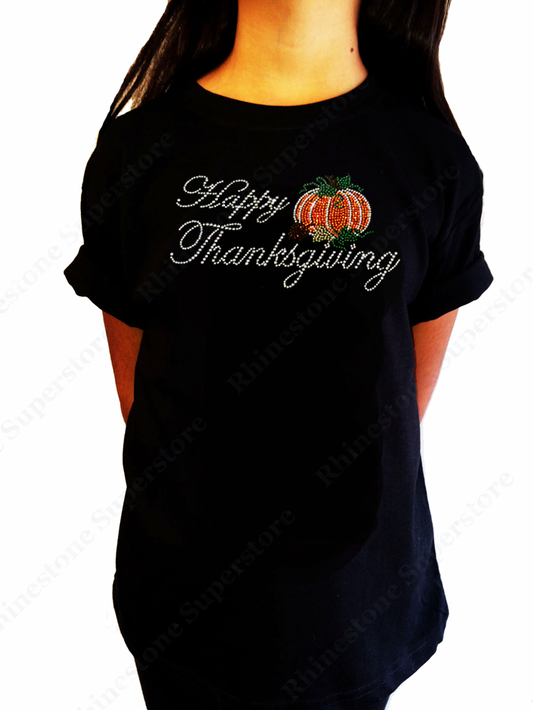 Girls Rhinestone T-Shirt " Happy Thanksgiving with Pumpkin " Kids Size 3 to 14 Available