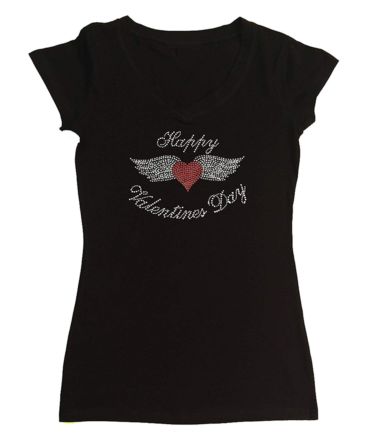 Womens T-shirt with Happy Valentine's Day Heart with Wings in Rhinestones