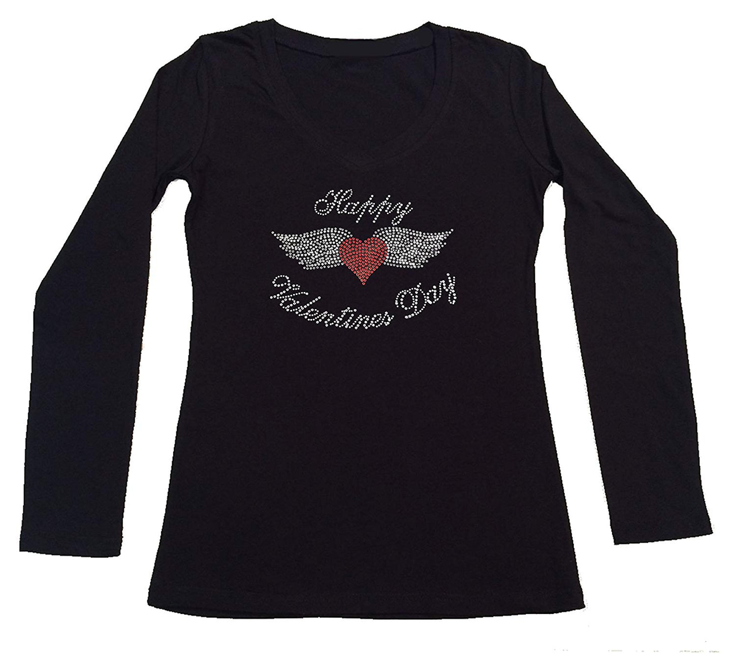 Womens T-shirt with Happy Valentine's Day Heart with Wings in Rhinestones