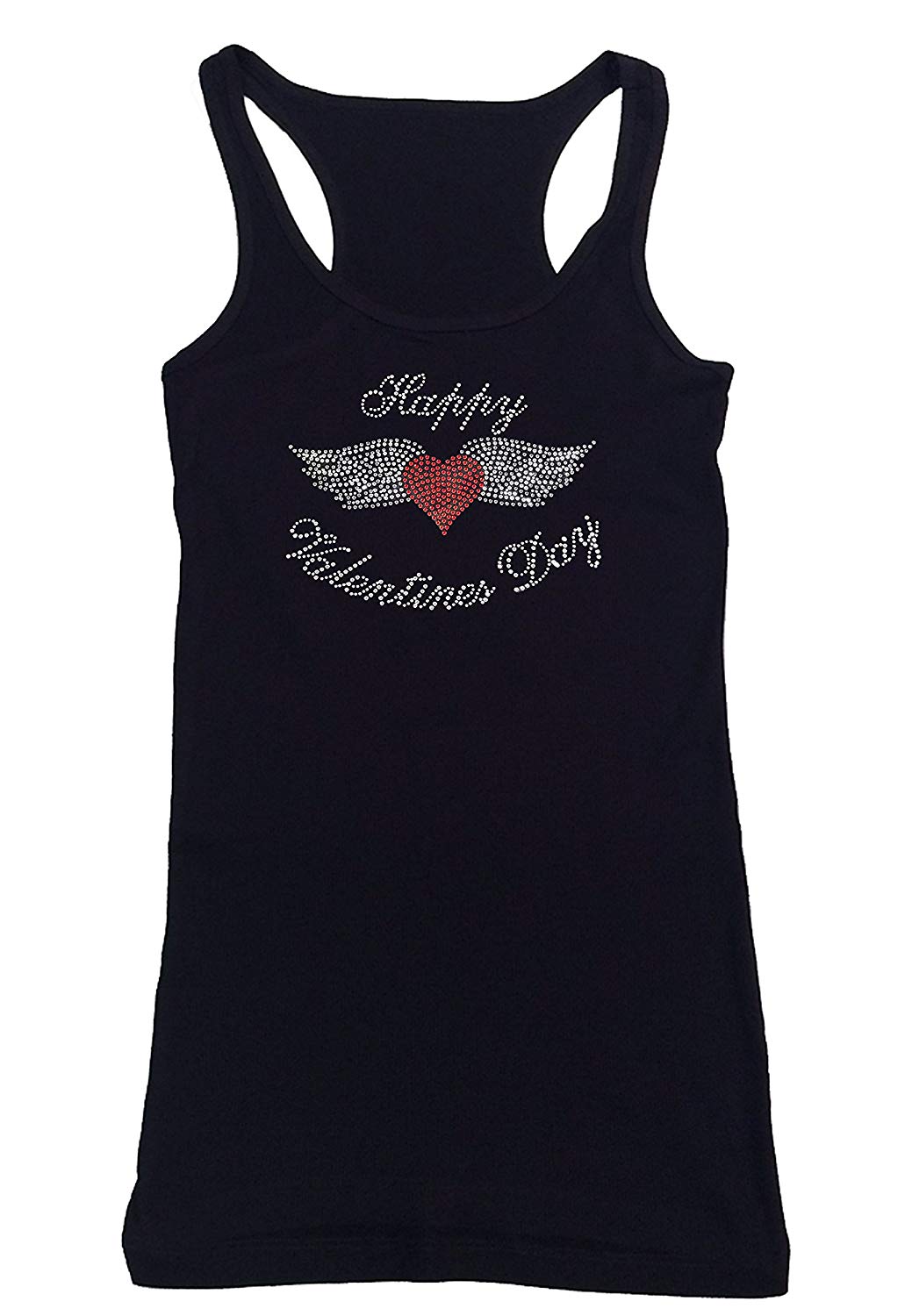 Womens T-shirt with Happy Valentine's Day Heart with Wings in Rhinestones