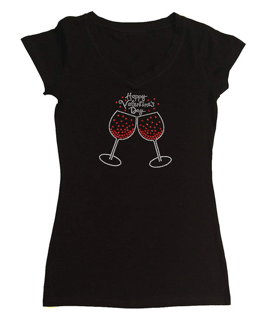 Womens T-shirt with Happy Valentine's Day Wine Cups in Spangles