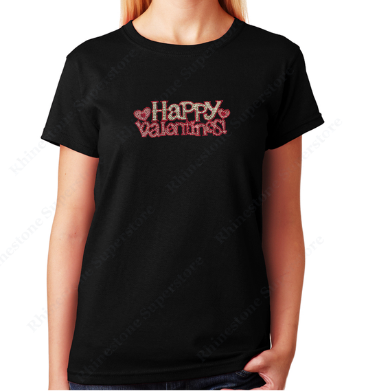 Women's / Unisex T-Shirt with Happy Valentines with Hearts in Rhinestones