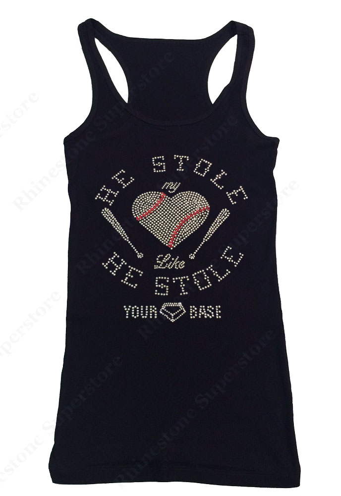 Womens T-shirt with He Stole My Baseball Heart Like He Stole Your Base in Rhinestones