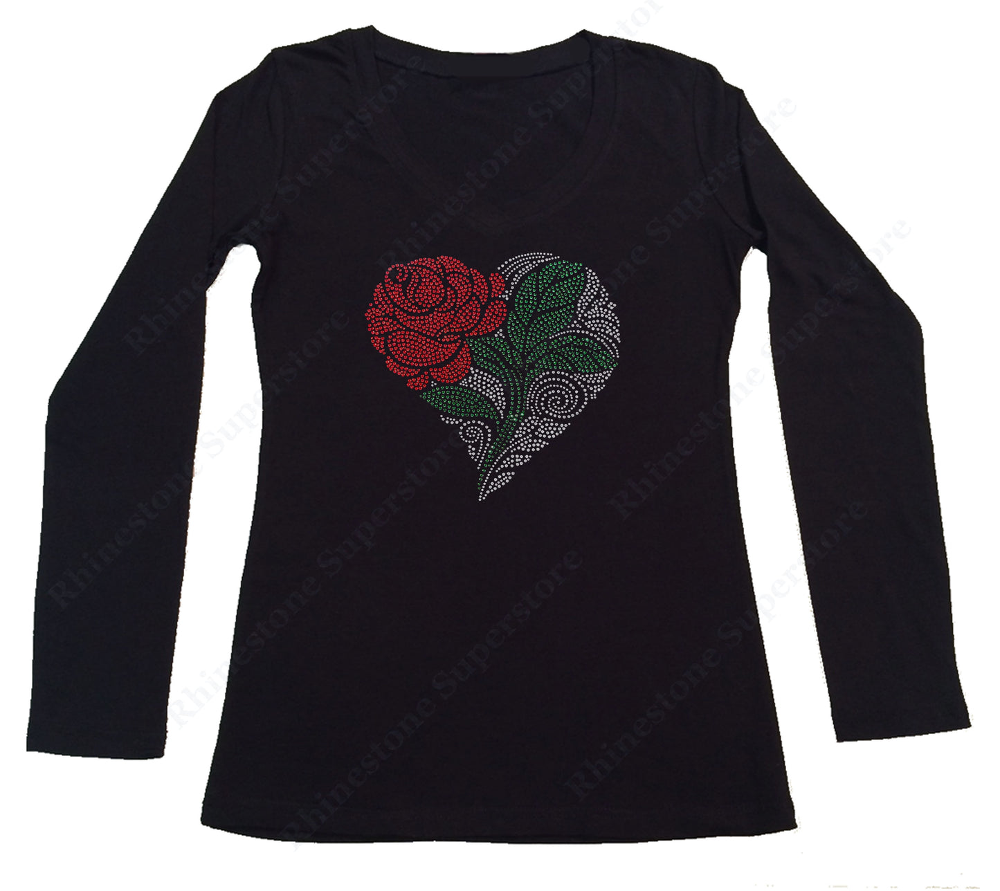 Womens T-shirt with Heart with Rose and Green Leaf in Rhinestones