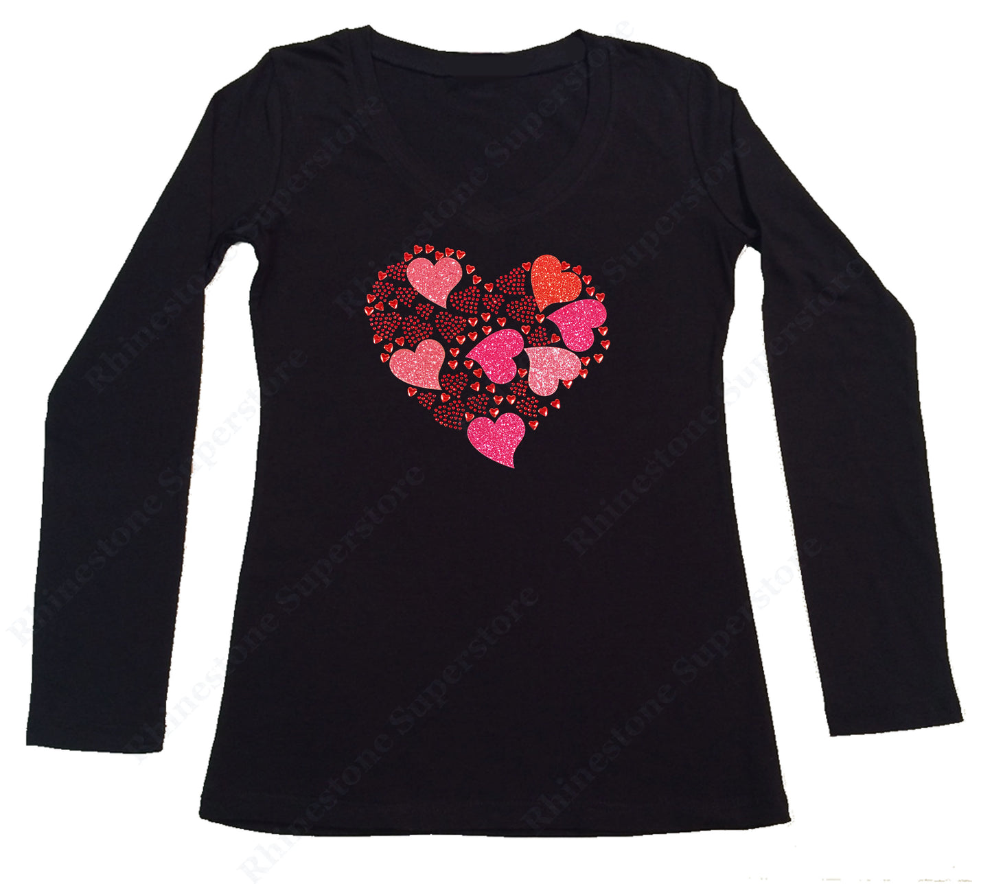 Womens T-shirt with Hearts Collage in Rhinestones and Glitters