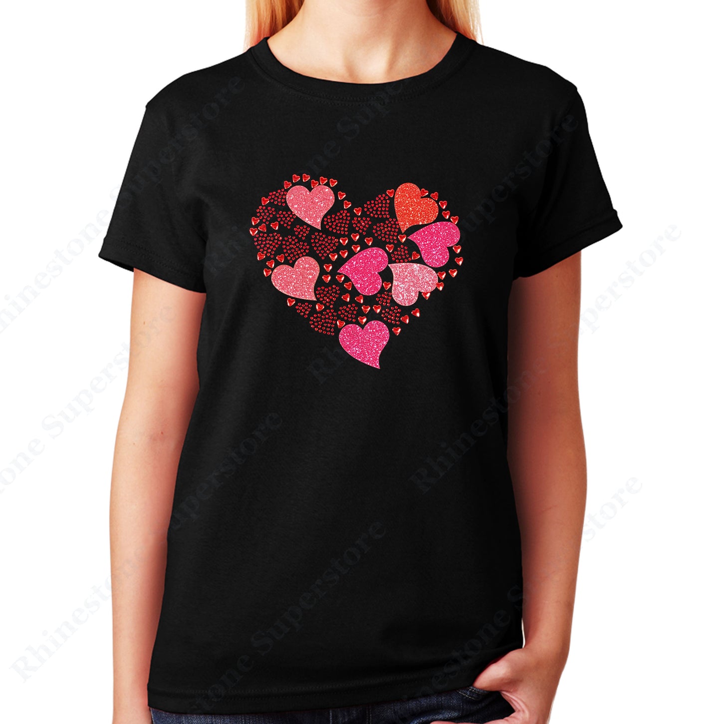 Women's / Unisex T-Shirt with Hearts Collage in Rhinestones and Glitters
