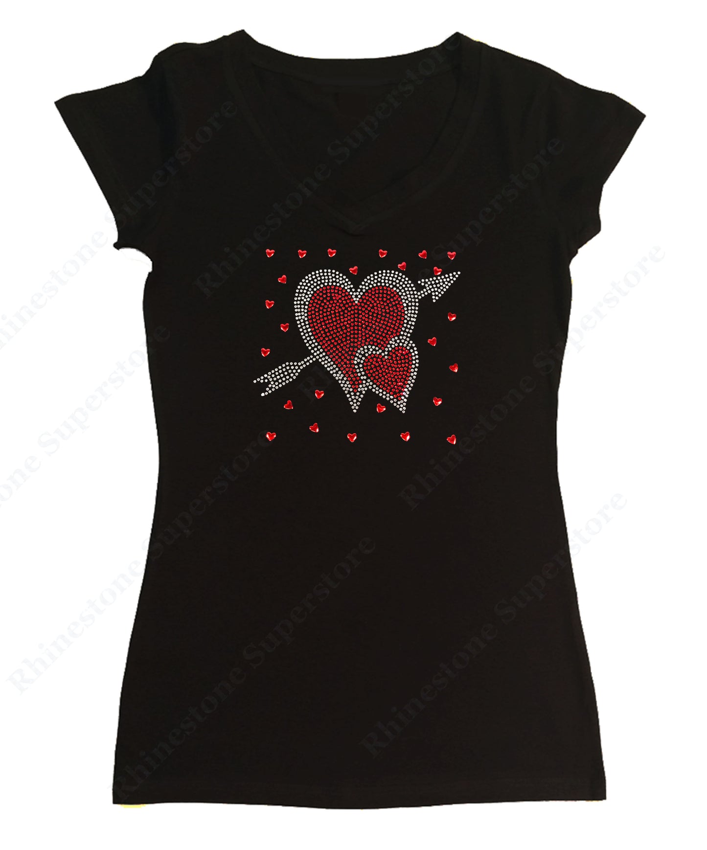 Womens T-shirt with Hearts with Arrow in Rhinestones