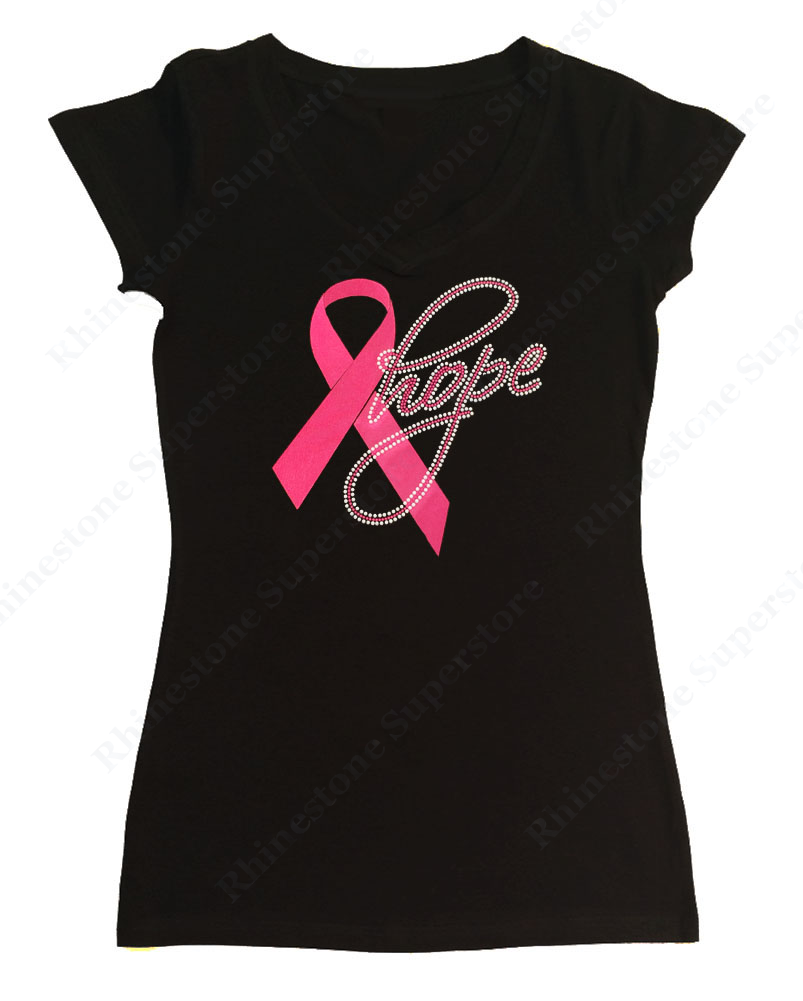 Womens T-shirt with Pink Hope Cancer Ribbon in Rhinestones
