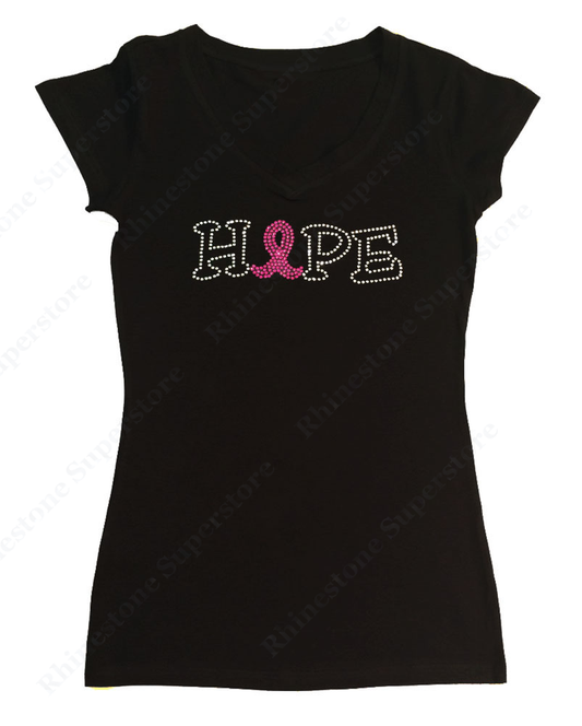Womens T-shirt with Hope Cancer Ribbon in Rhinestones