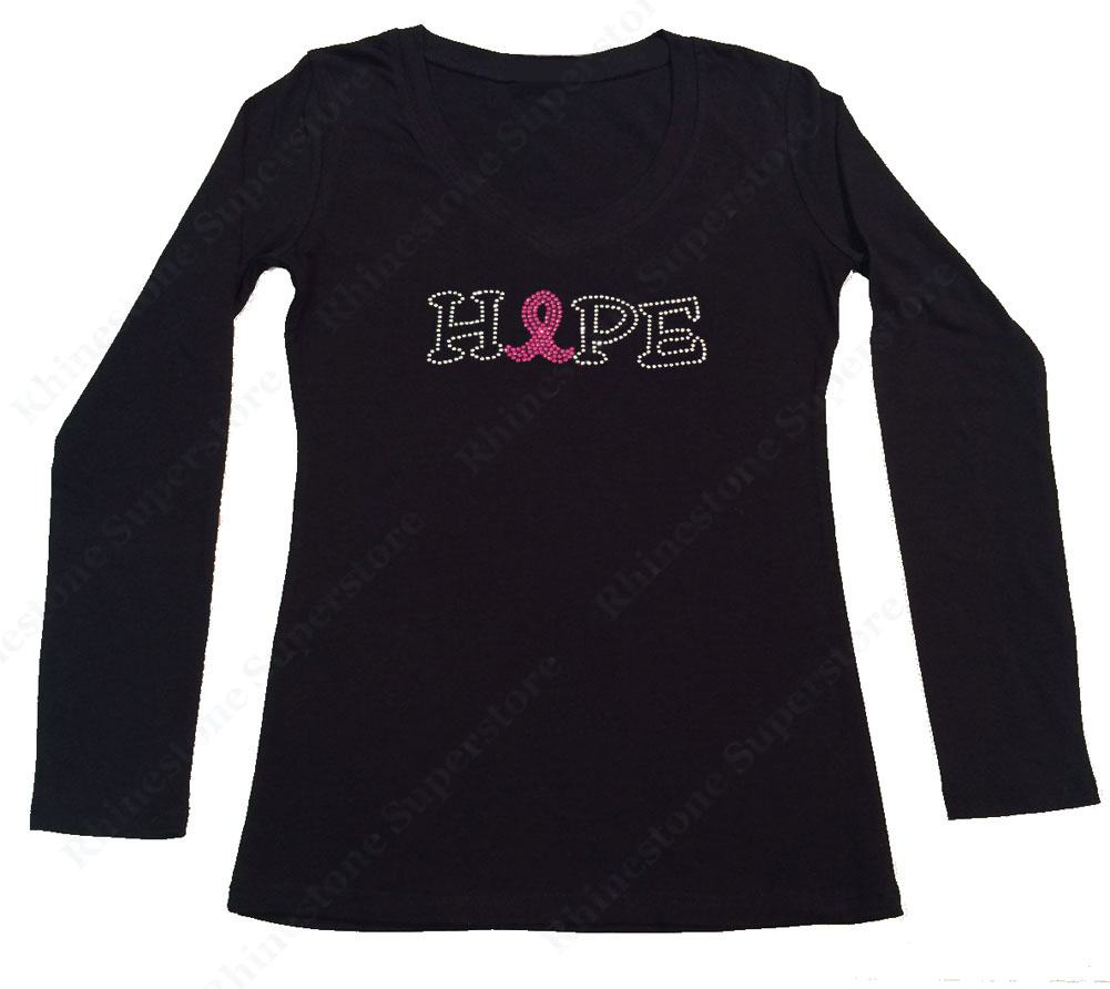 Womens T-shirt with Hope Cancer Ribbon in Rhinestones