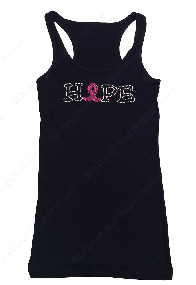 Womens T-shirt with Hope Cancer Ribbon in Rhinestones