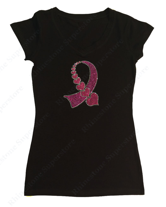 Womens T-shirt with Hope Heart Ribbon in Rhinestones
