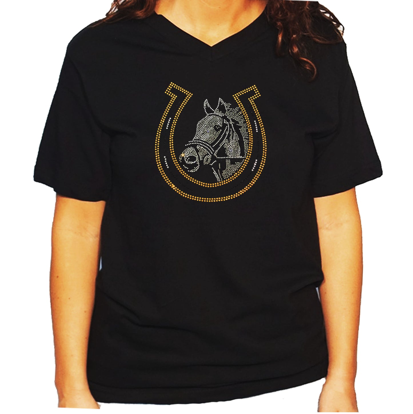 Women's / Unisex T-Shirt with Horse and  Lucky Horseshoe - Equestrian in Rhinestones