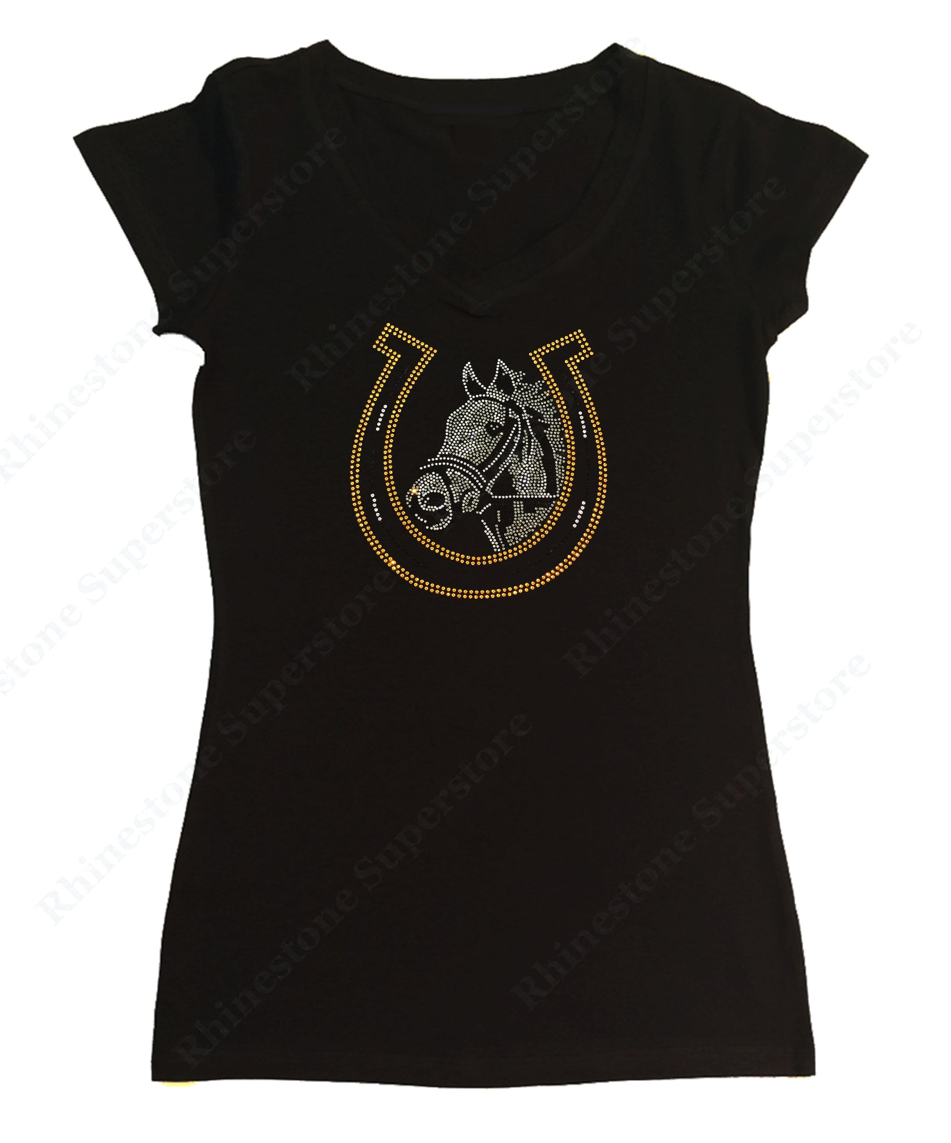 Womens T-shirt with Horse and  Lucky Horseshoe - Equestrian  in Rhinestones
