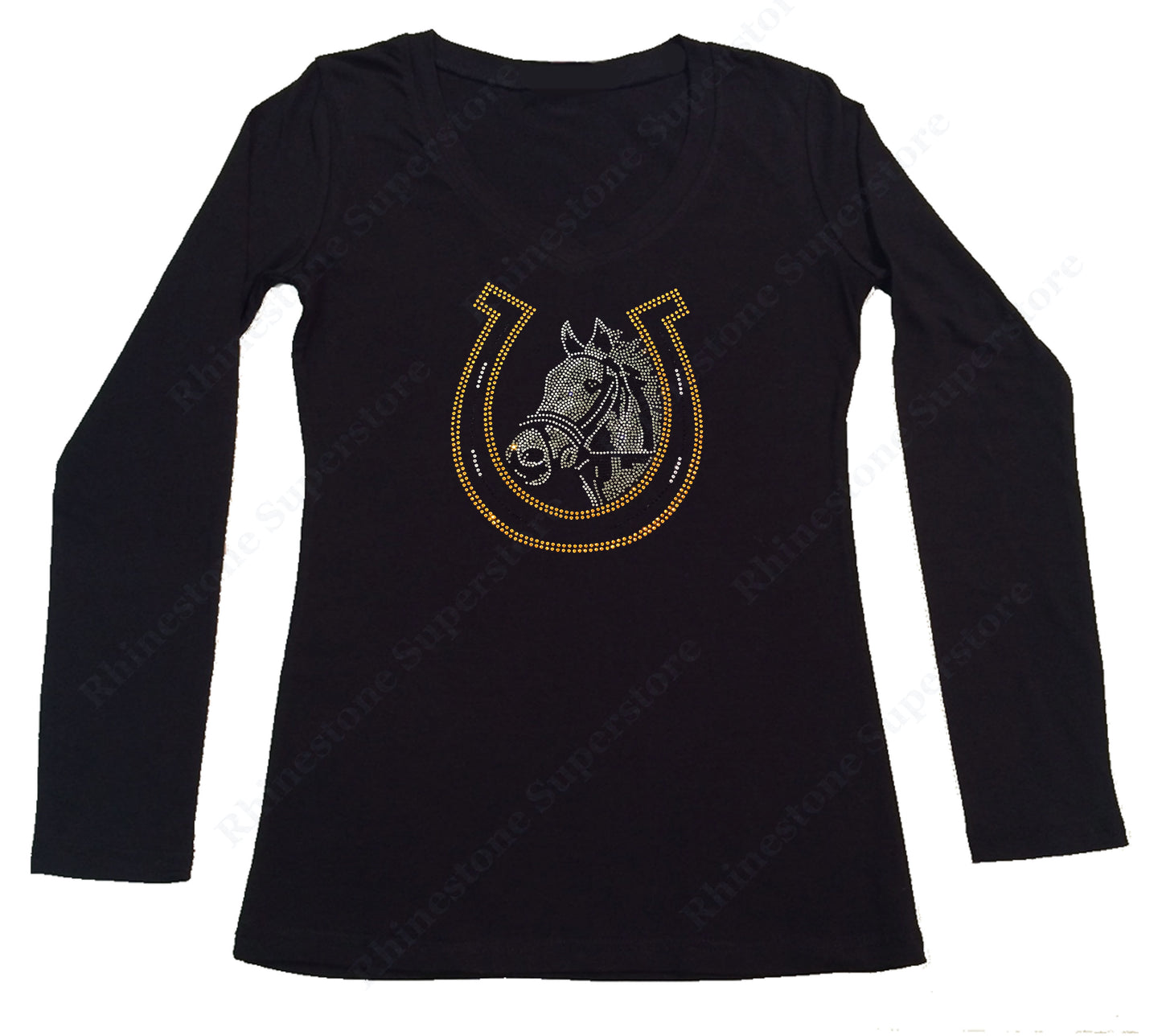 Womens T-shirt with Horse and  Lucky Horseshoe - Equestrian  in Rhinestones