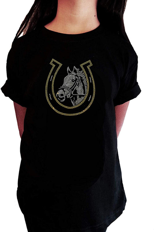 Girls Rhinestone T-Shirt " Horse and Lucky Horseshoe - Equestrian in Rhinestones " Kids Size 3 to 14 Available