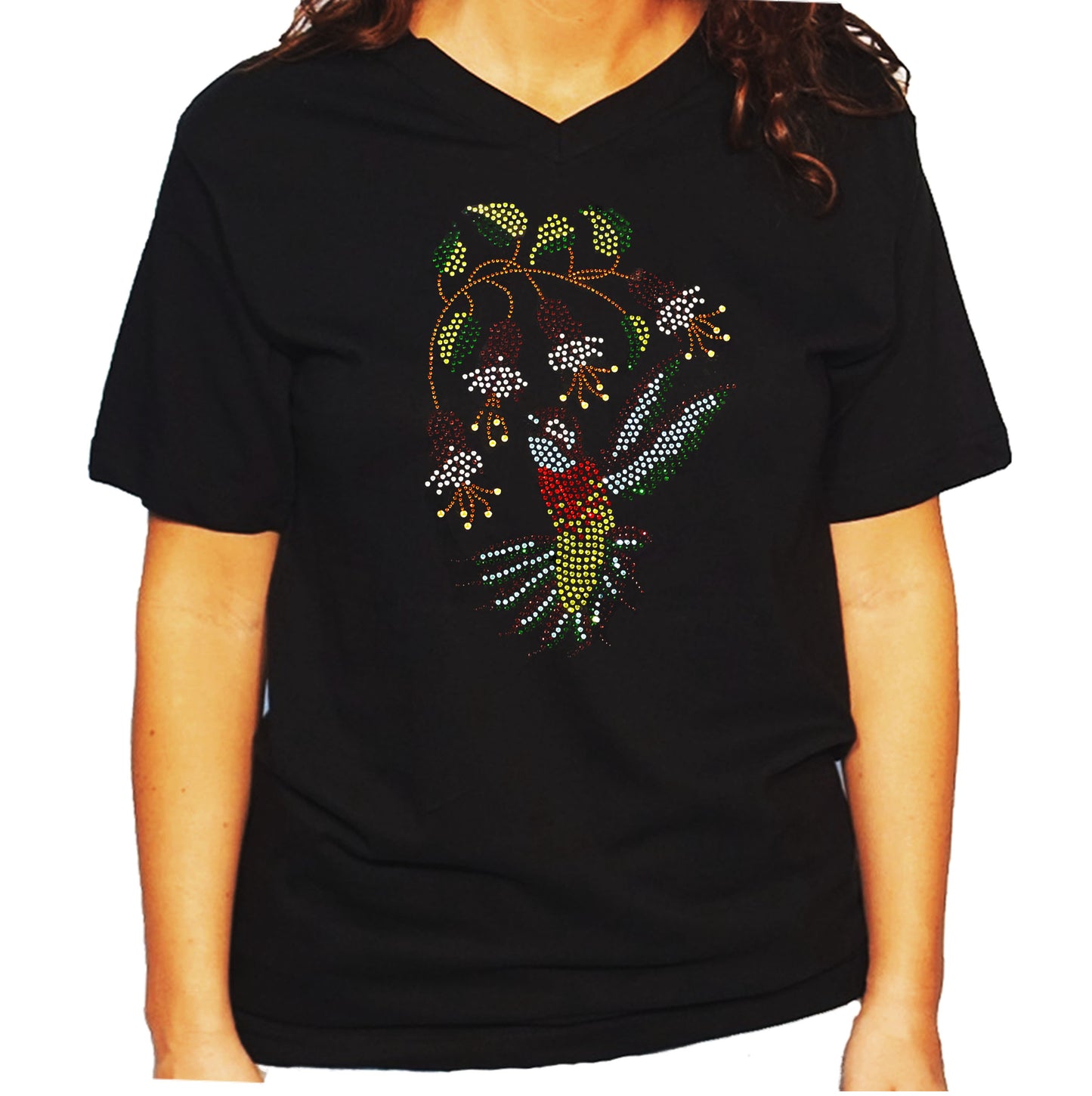 Women's / Unisex T-Shirt with Hummingbird with Flowers in Rhinestones