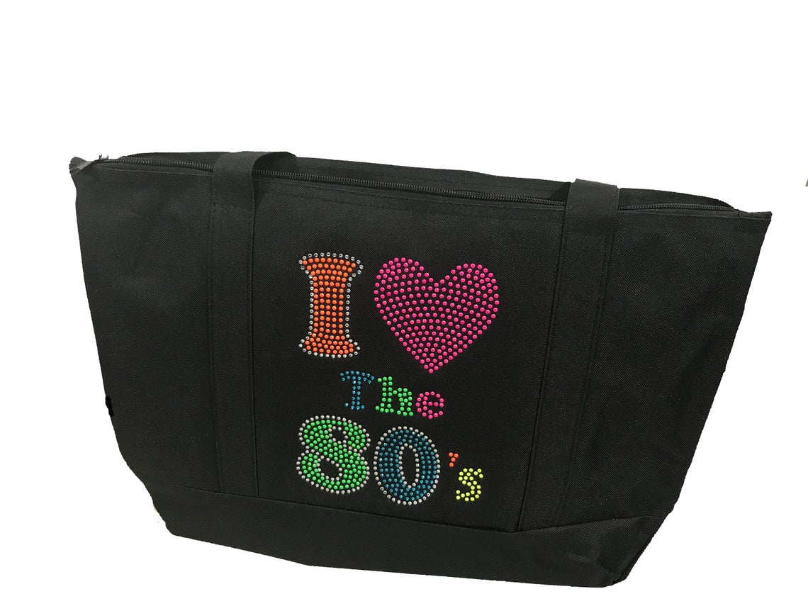Rhinestone Sturdy Tote Bag with Zipper & Front Pocket " I Love the 80's " Iron, On, Hotfix Bling Neon Colors