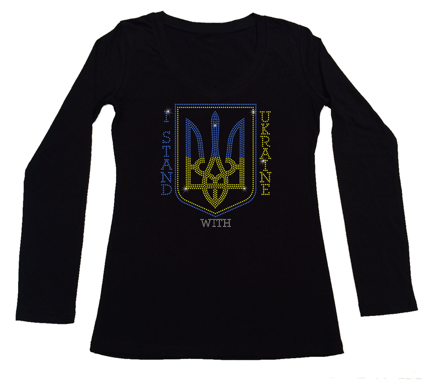 Women's Rhinestone Fitted Tight Snug Shirt I Stand with Ukraine - Trident, Support for Ukraine