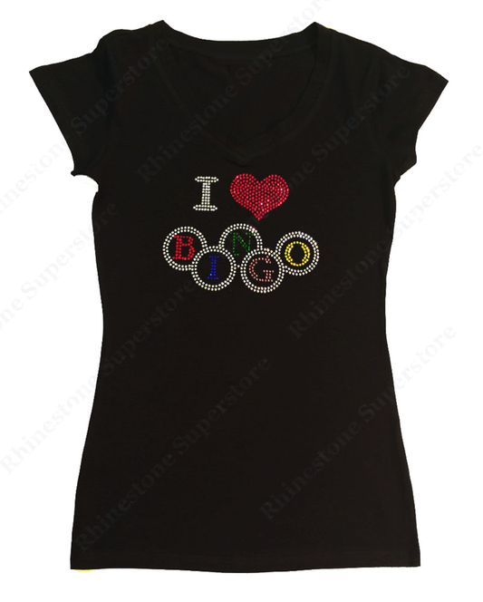 Womens T-shirt with I Love Bingo in Rhinestones