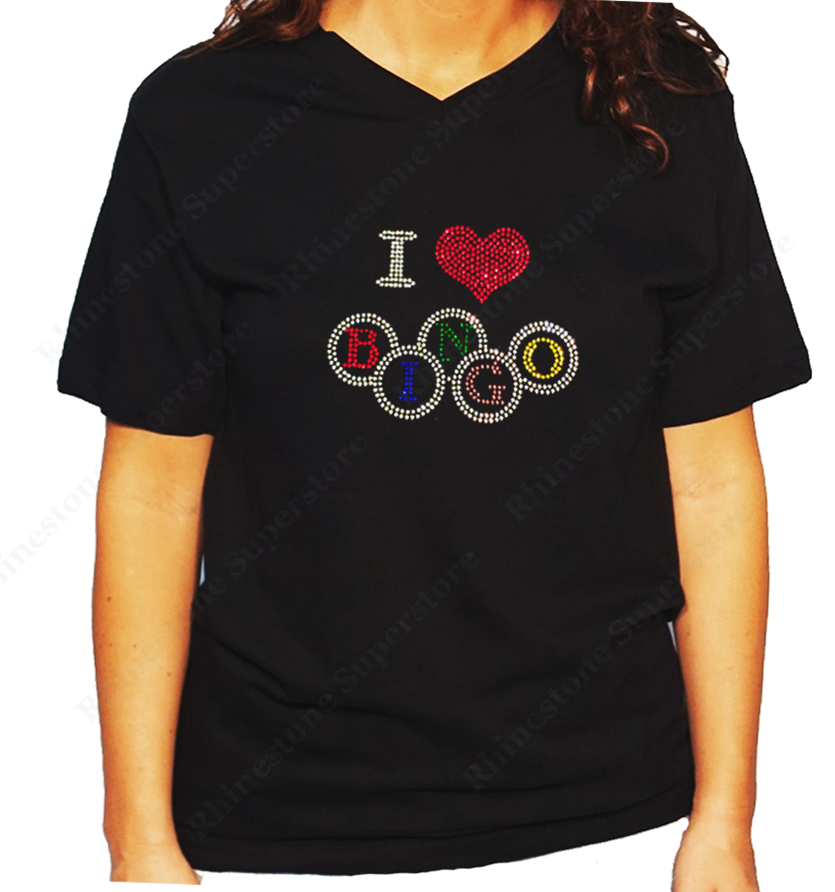 Women Unisex T-Shirt with I Love Bingo in Rhinestones V Neck