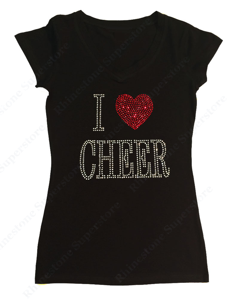 Womens T-shirt with I Love Cheer in Rhinestones