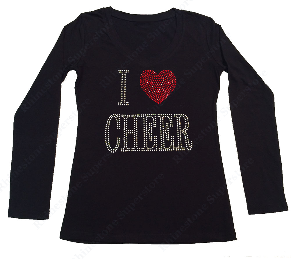 Womens T-shirt with I Love Cheer in Rhinestones