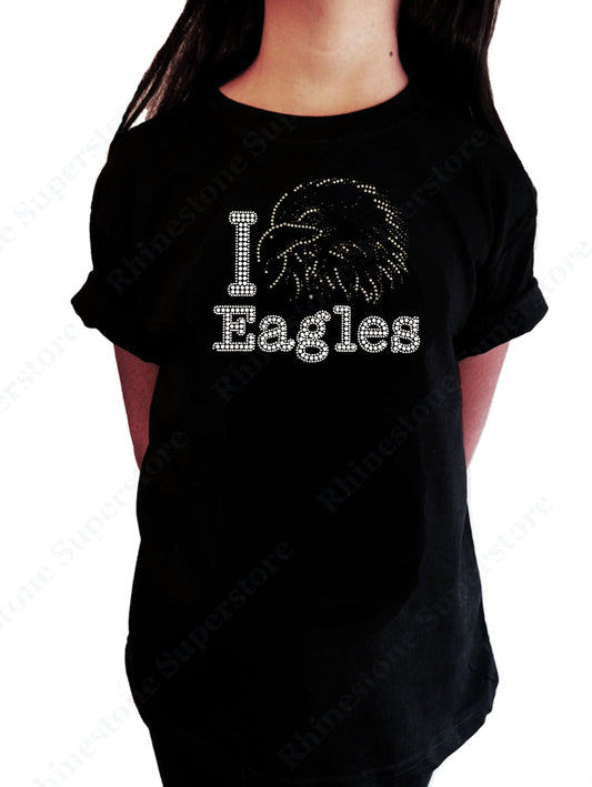 Girls Rhinestone T-Shirt " I Love Eagles " Kids Size 3 to 14 Available