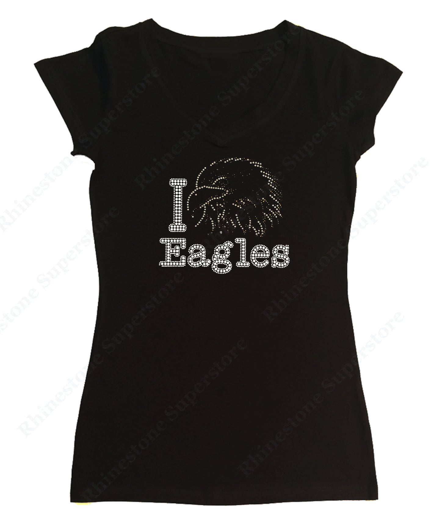 Womens T-shirt with I Love Eagles in Rhinestones