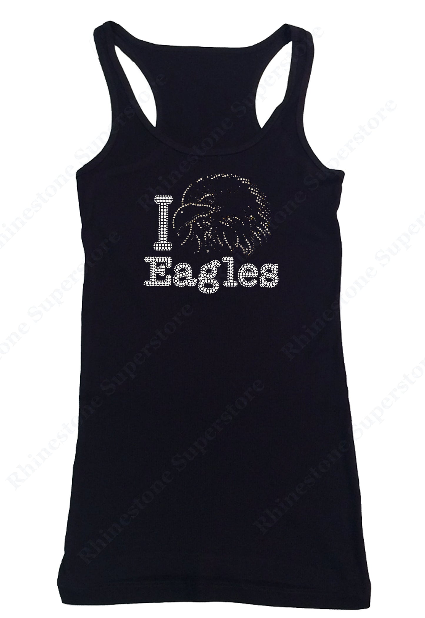 Womens T-shirt with I Love Eagles in Rhinestones