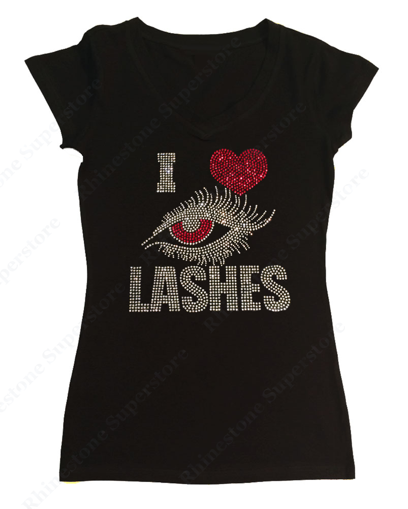 Womens T-shirt with I Love Eye Lashes in Rhinestones