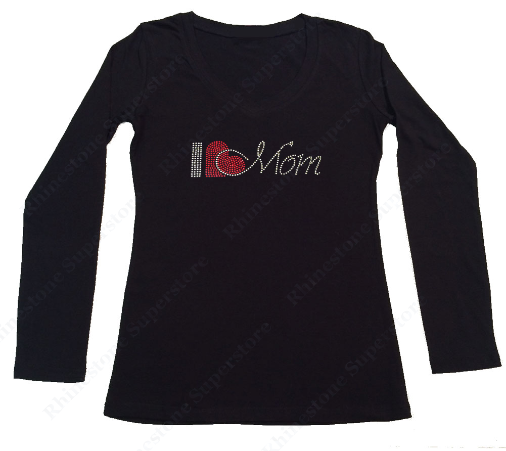 Womens T-shirt with I Love Mom in Rhinestones