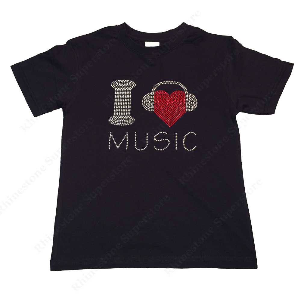 Girls Rhinestone T-Shirt " I Love Music with Headphones " Size 3 to 14 Available