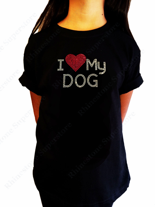 Girls Rhinestone T-Shirt " I Love My Dog " Kids Size 3 to 14 Available