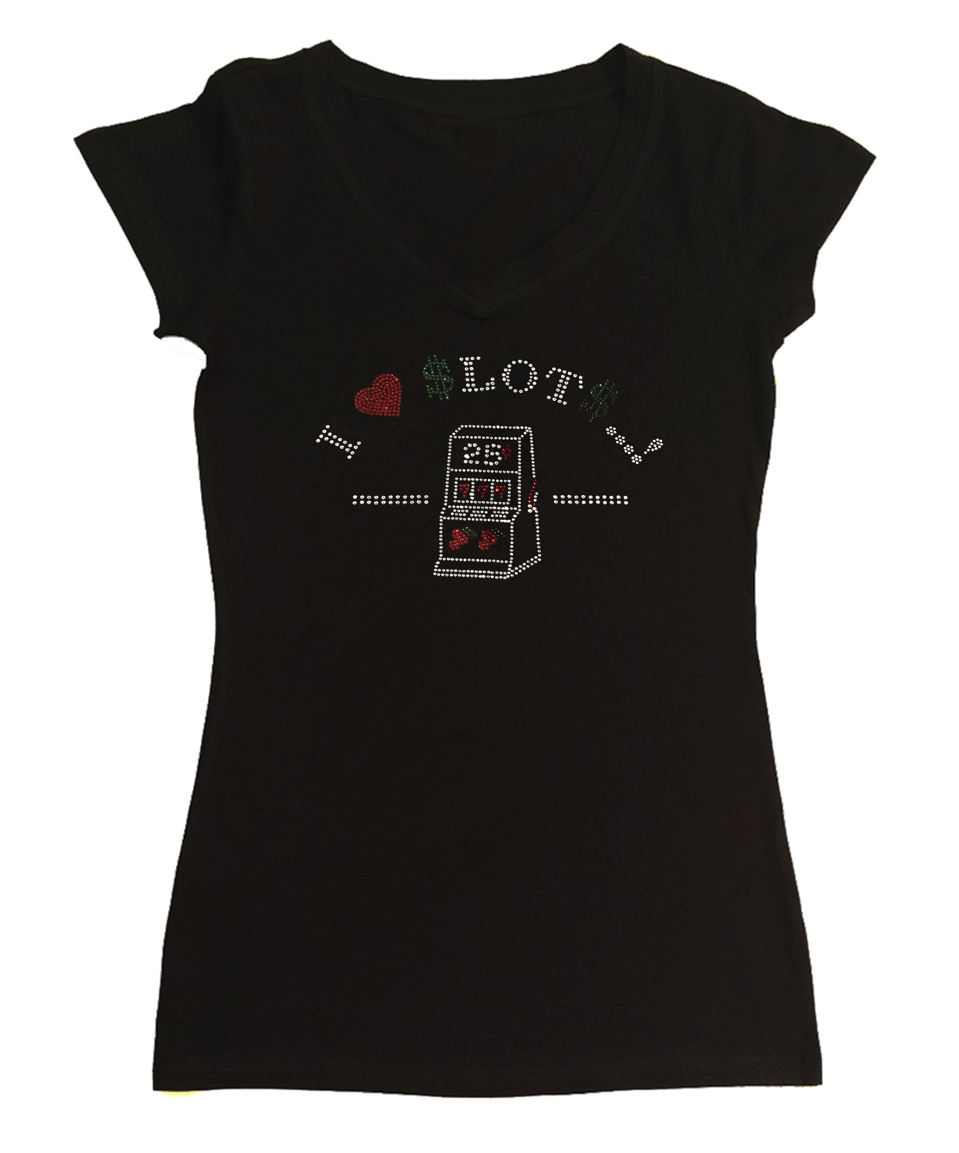 Womens T-shirt with I Love Slot Machines in Rhinestones