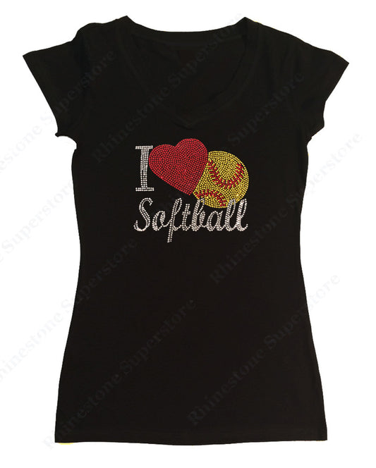 Womens T-shirt with I Love Softball in Rhinestones